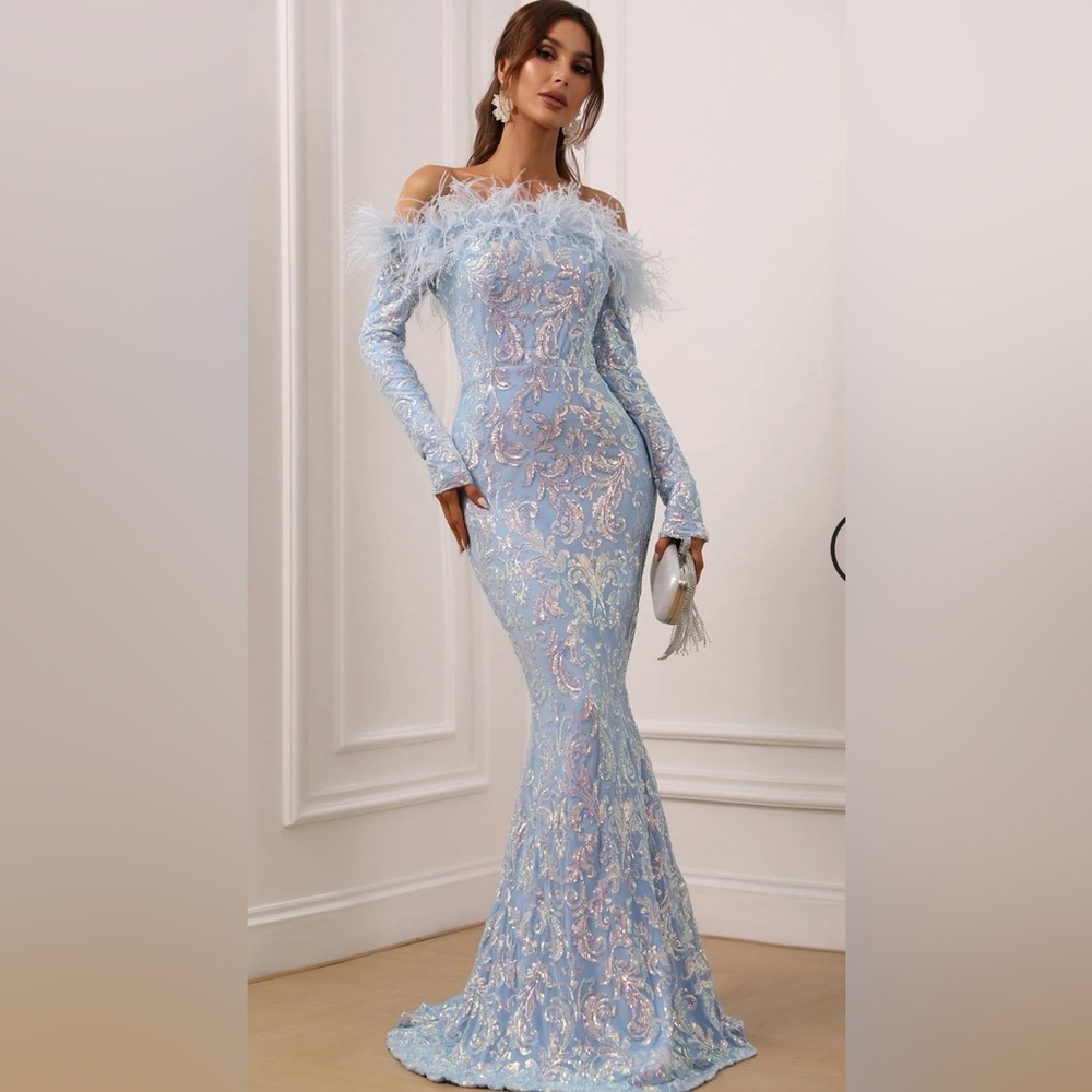 Faereisty Feather Sequin Long Sleeve Gown